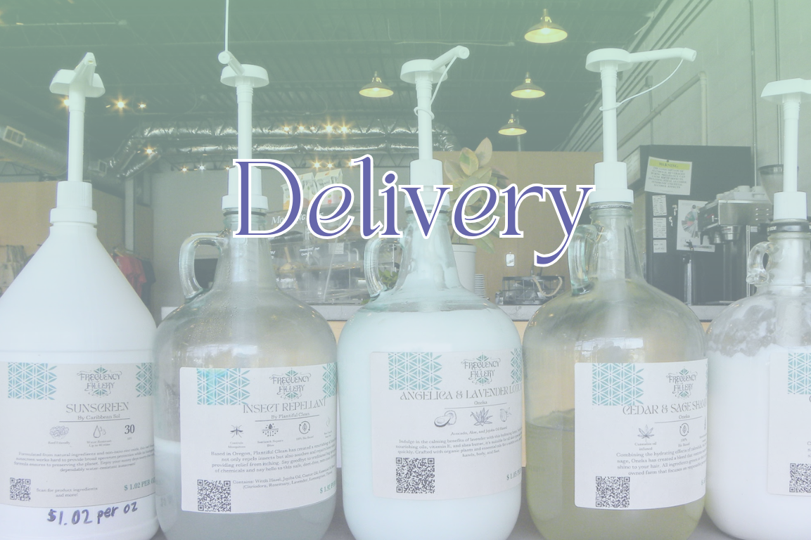 Bottles with labels and a 'Delivery' text overlay in a warehouse setting.